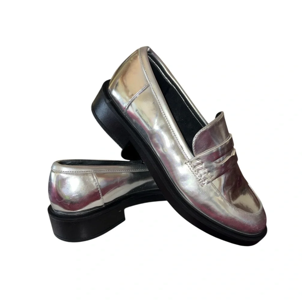Patent Silver Loafers black lug sole flats slip on shoes 6.5